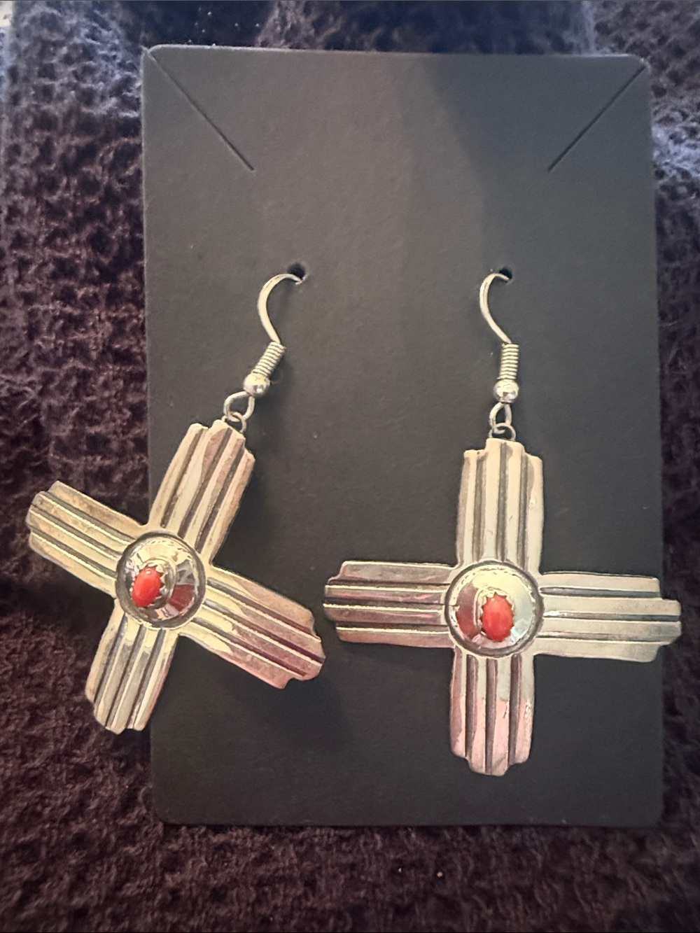 Sterling-Style Silver Cross Drop Earrings with Red Stone